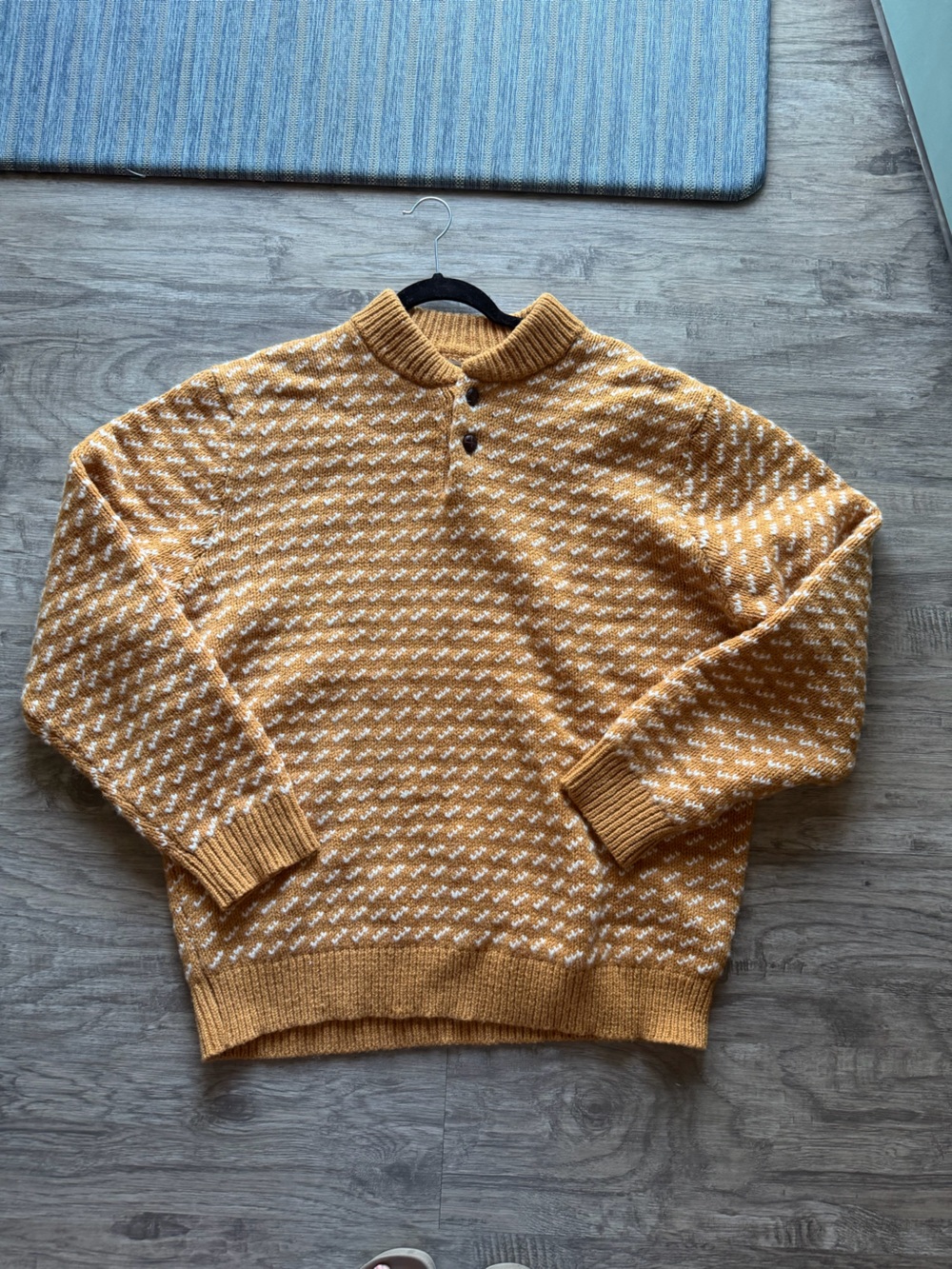 L.L. Bean Mustard and Cream Knit classic ragg wool Henley Button-Neck Sweater